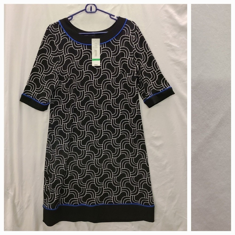 R&K Shift Dress Geometric Short Sleeve Black White blue trim Stretch Lg MSRP $60